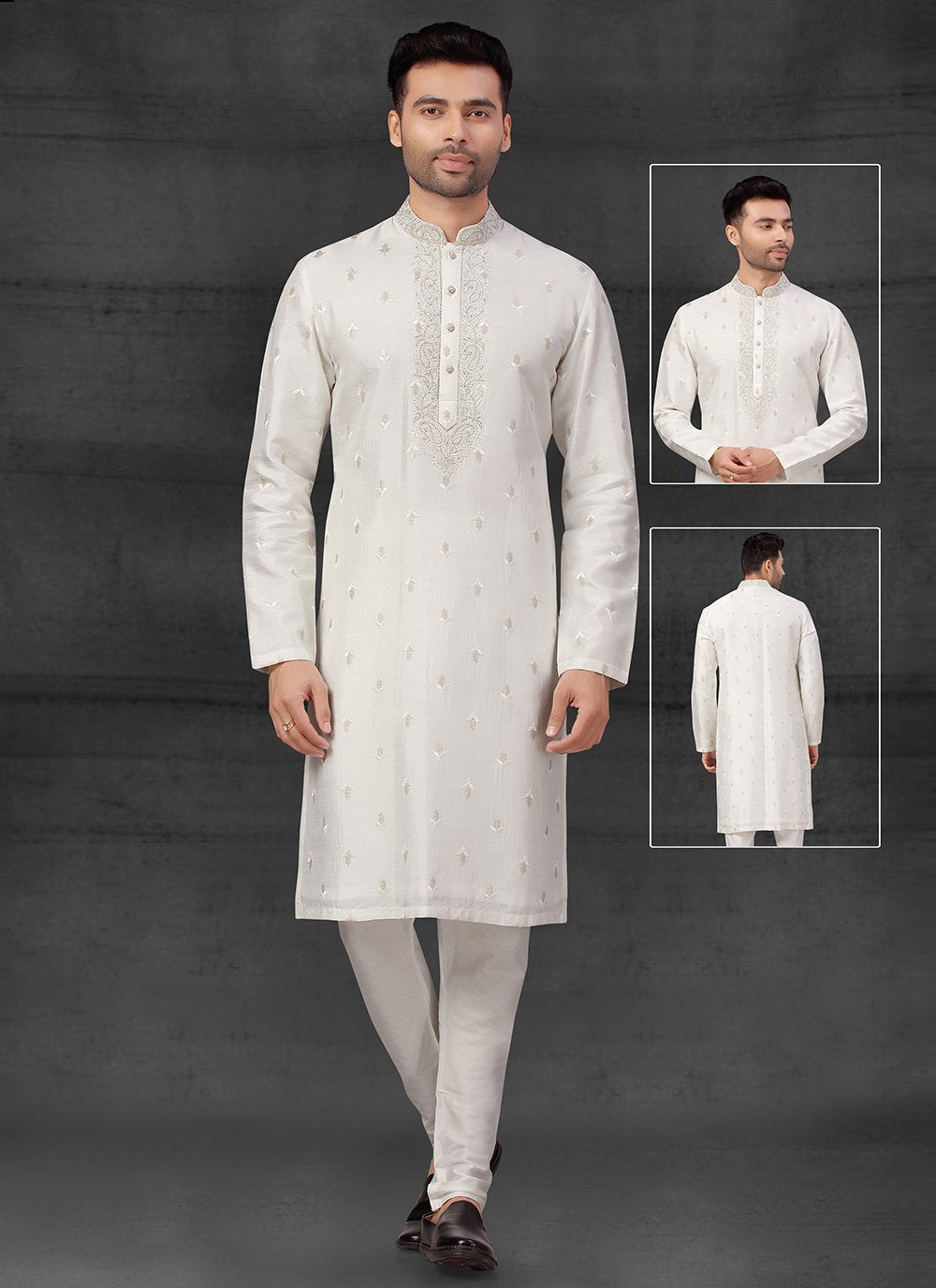 Kurta Pyjama Silk Off White Thread Mens
