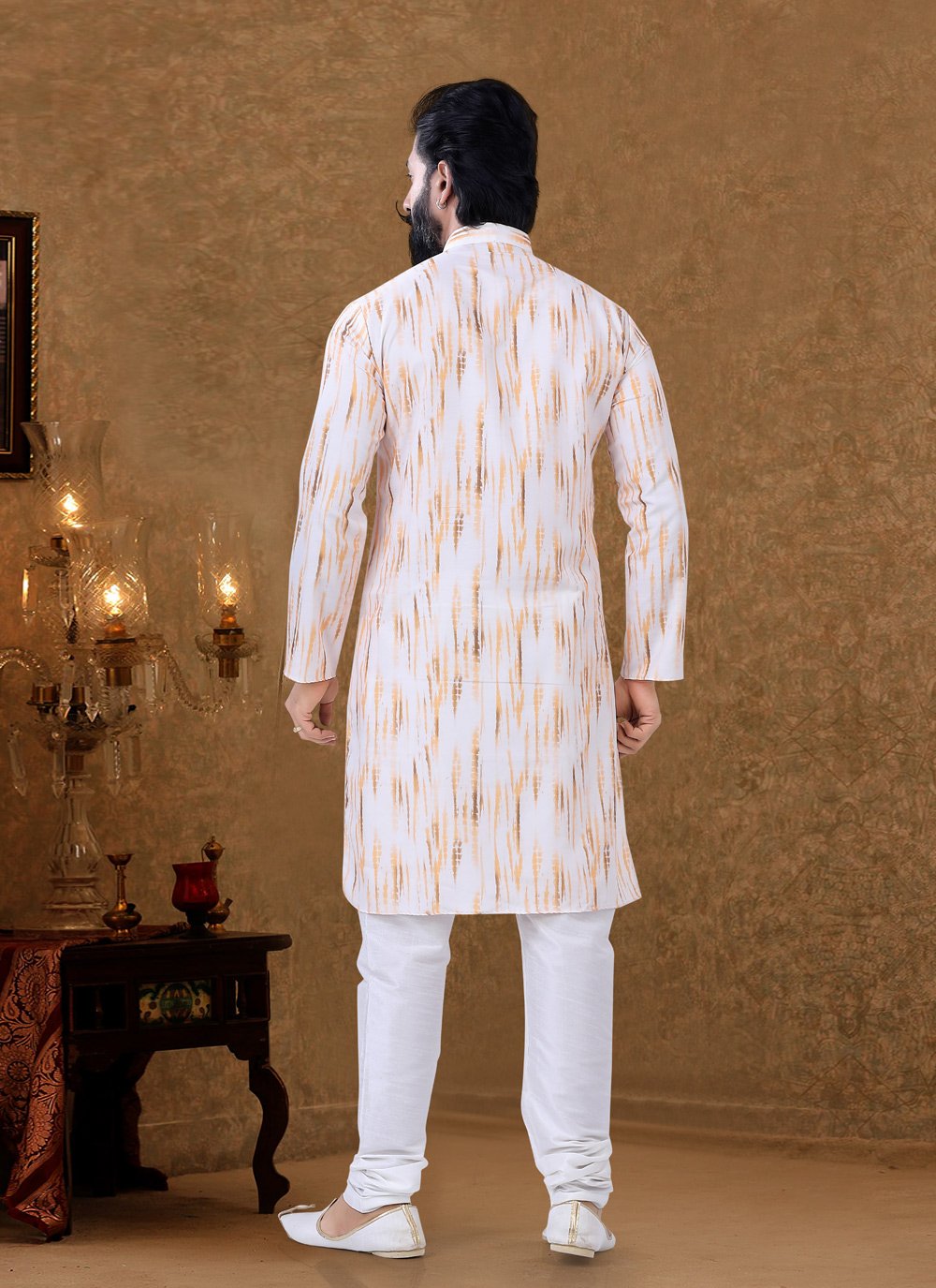 Kurta Pyjama Cotton Off White Digital Print Mens