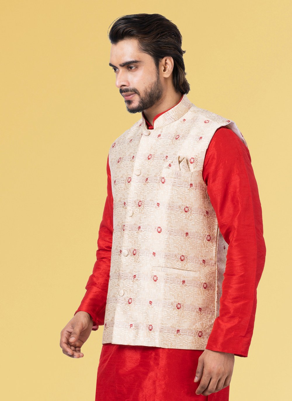 Nehru Jackets Jacquard Silk Off White Embroidered Mens