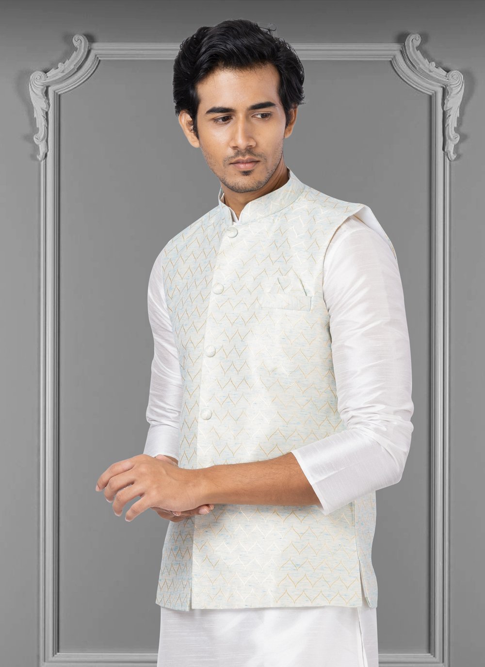 Nehru Jackets Linen Silk Off White Embroidered Mens