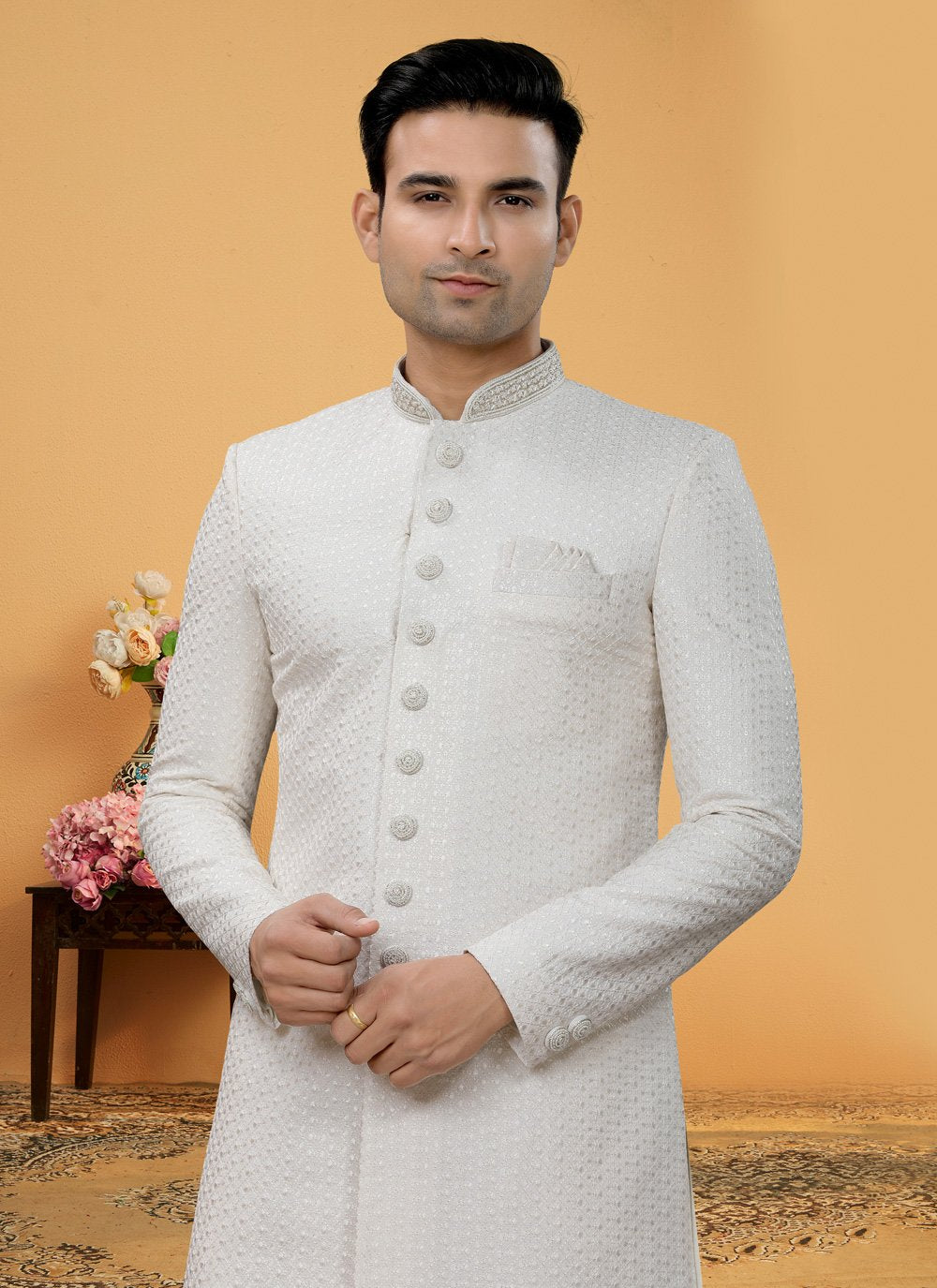 Indo Western Sherwani Fancy Fabric Off White Hand Work Mens