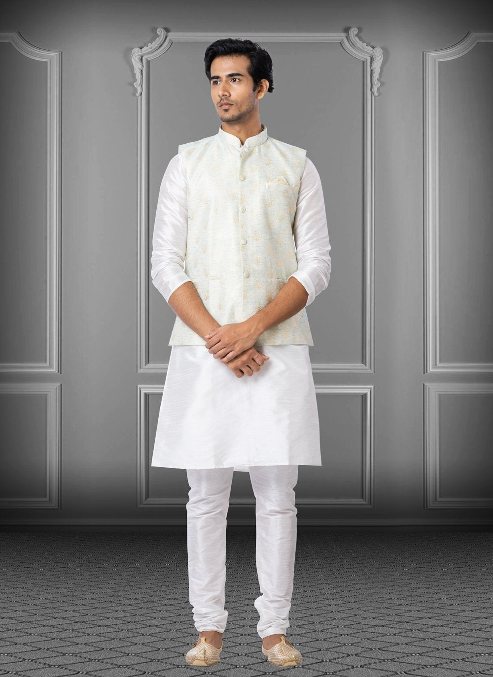 Kurta Payjama With Jacket Dupion Silk Linen Off White Fancy Work Mens