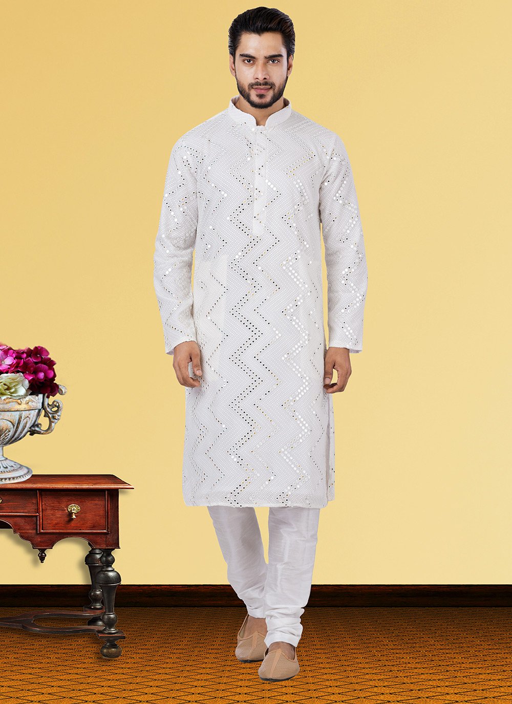 Kurta Pyjama Georgette Off White Embroidered Mens