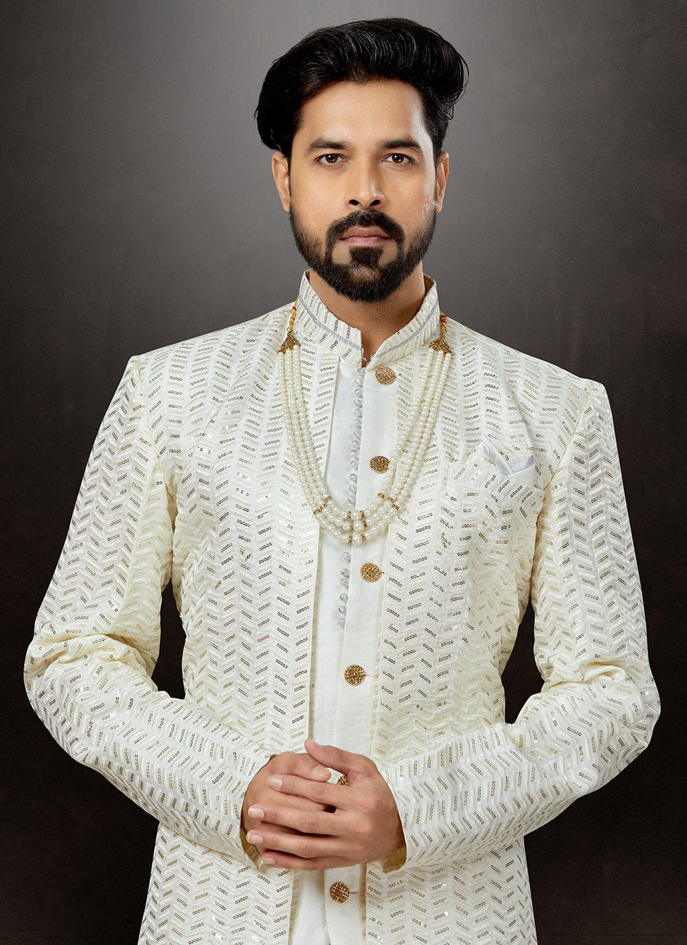 Indo Western Sherwani Jacquard Off White Embroidered Mens