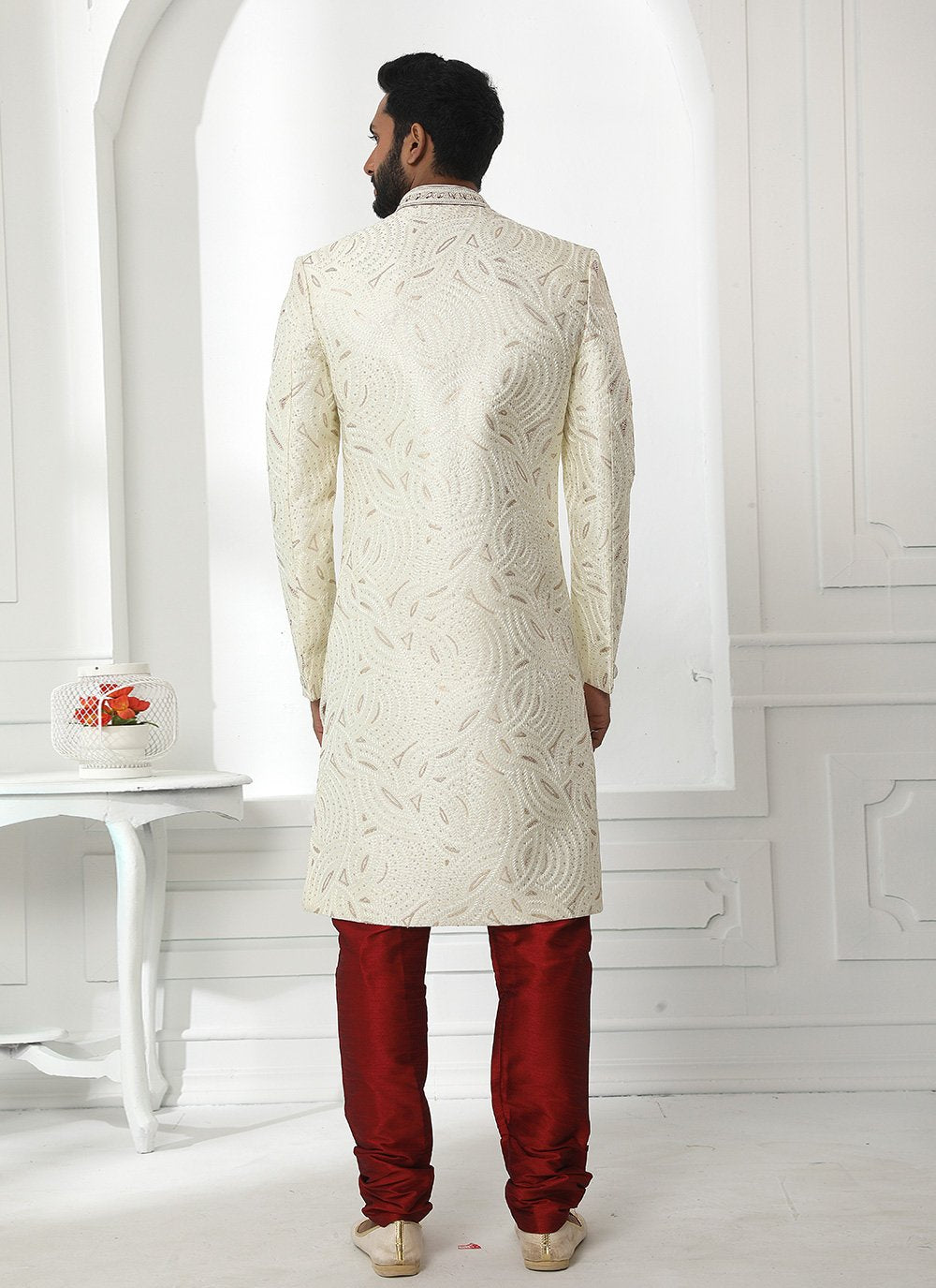 Sherwani Art Silk Off White Machine Embroidery Mens