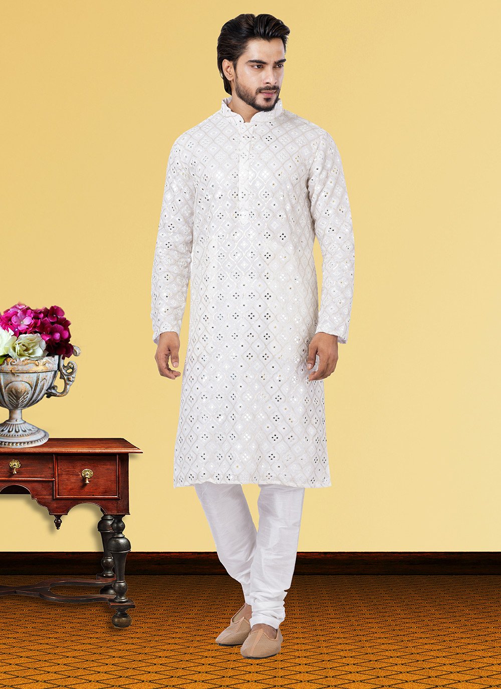 Kurta Pyjama Georgette Off White Embroidered Mens
