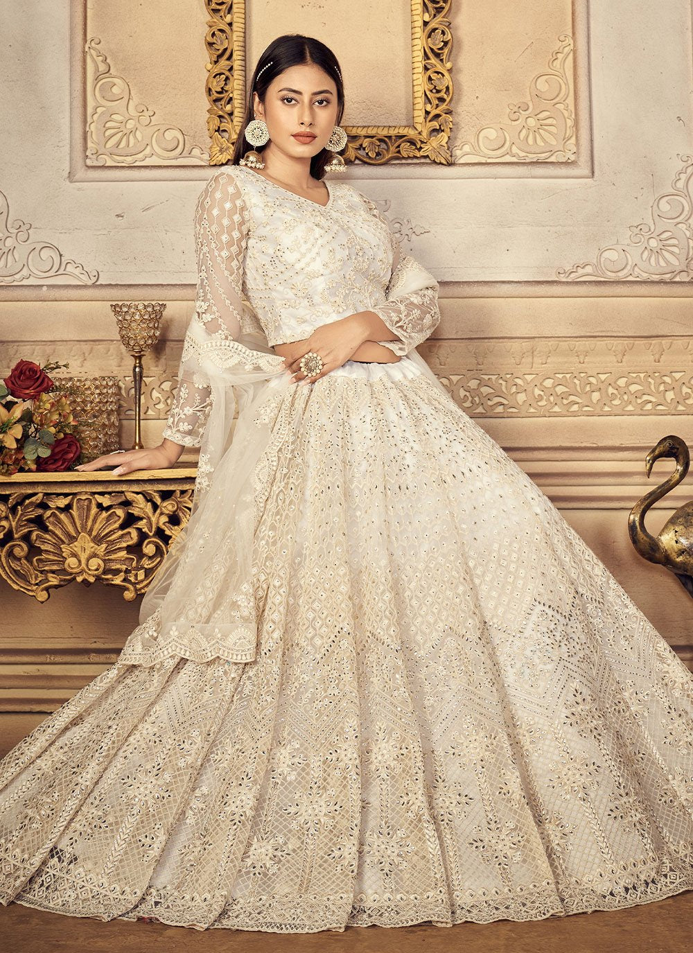A Line Lehenga Net Off White Embroidered Lehenga Choli