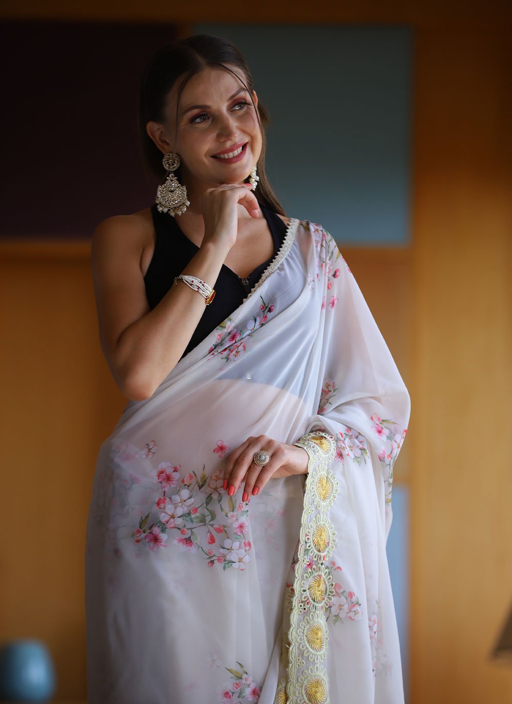 Contemporary Georgette Off White Floral Patch Saree