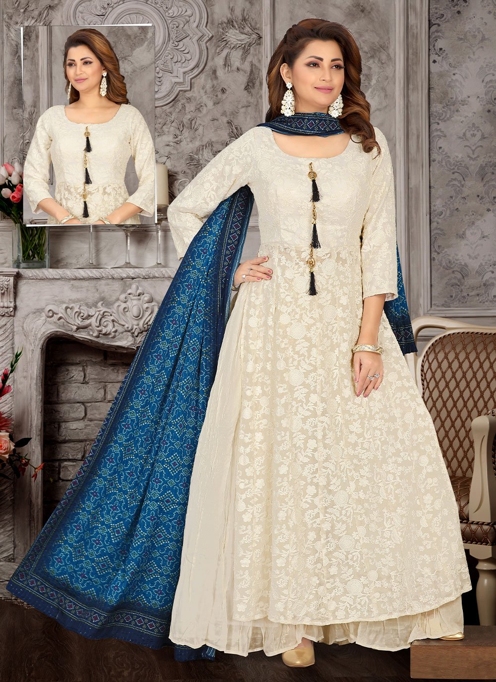 Palazzo Salwar Suit Georgette Off White Print Salwar Kameez