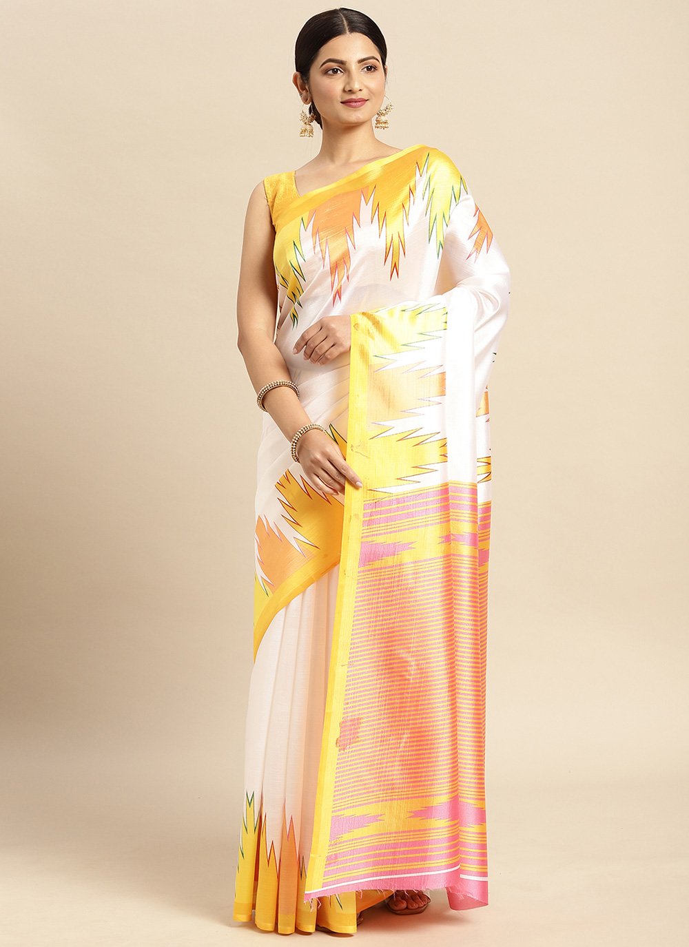 Casual Art Silk Off White Print Saree