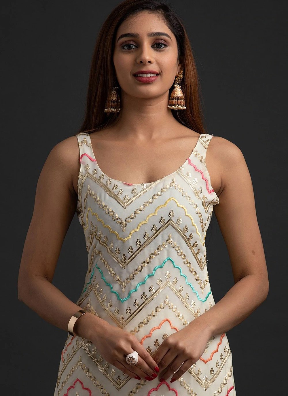 Palazzo Salwar Suit Faux Georgette Off White Embroidered Salwar Kameez