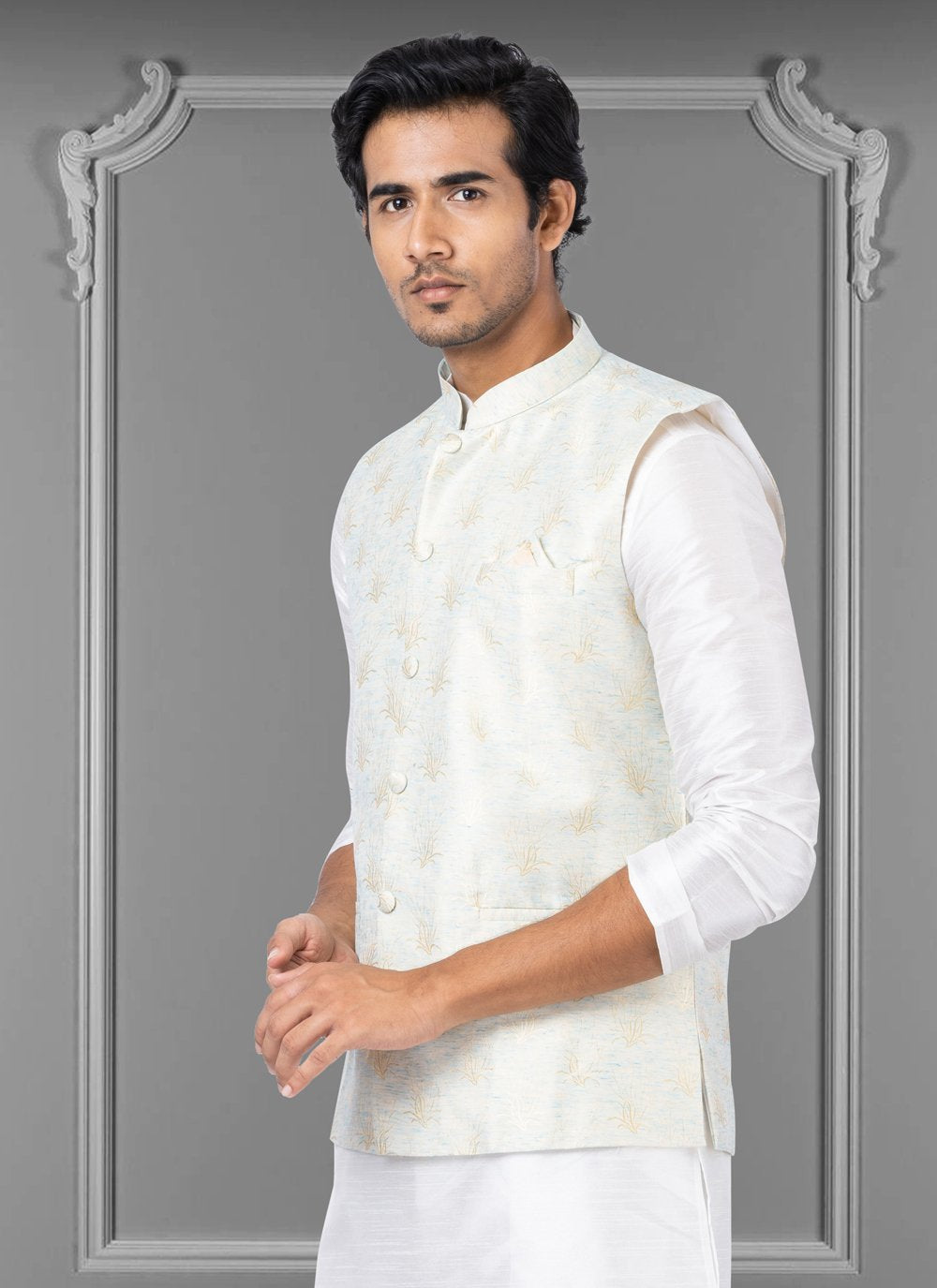 Nehru Jackets Linen Silk Off White Embroidered Mens