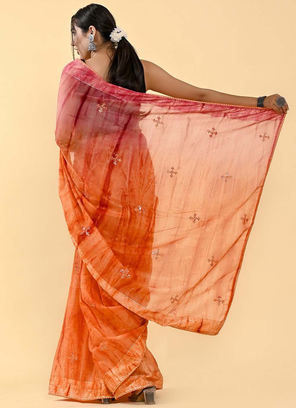 Shaded Saree Cotton Orange Pink Lace Saree