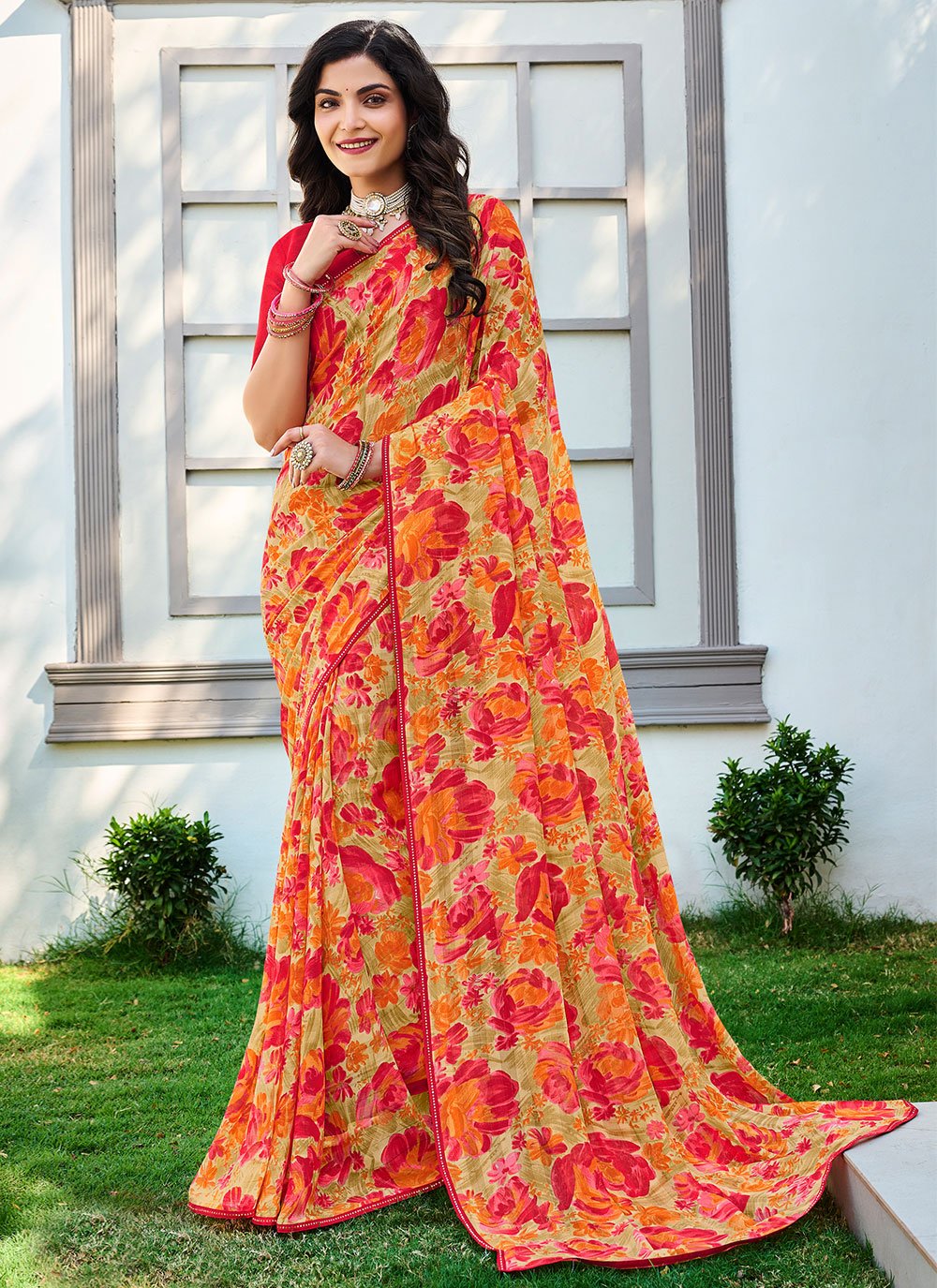 Contemporary Designer Georgette Orange Fancy Work Saree