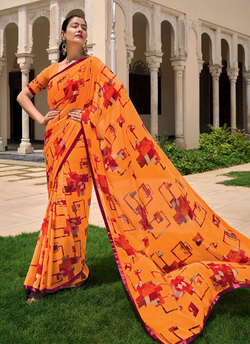 Contemporary Weight Less Orange Lace Saree
