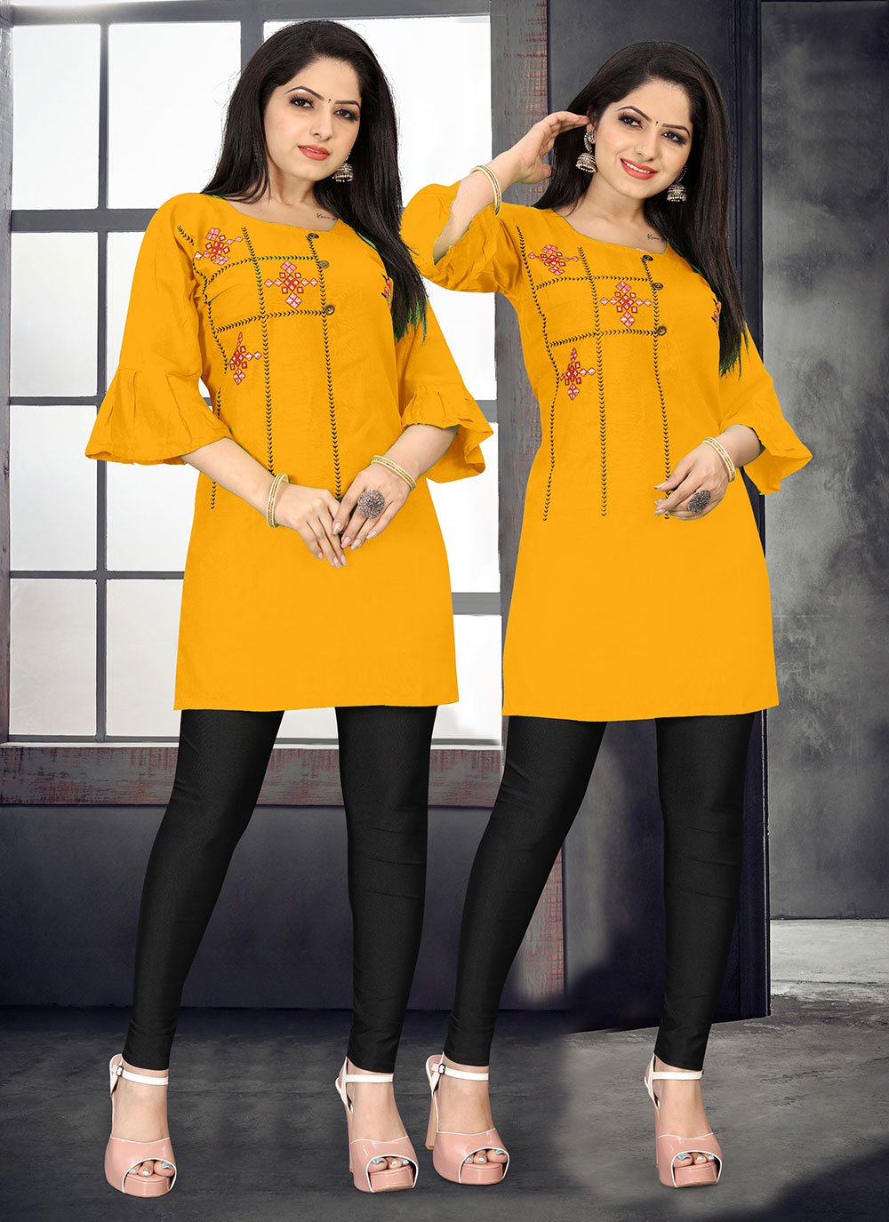 Party Wear Kurti Rayon Orange Embroidered Kurtis
