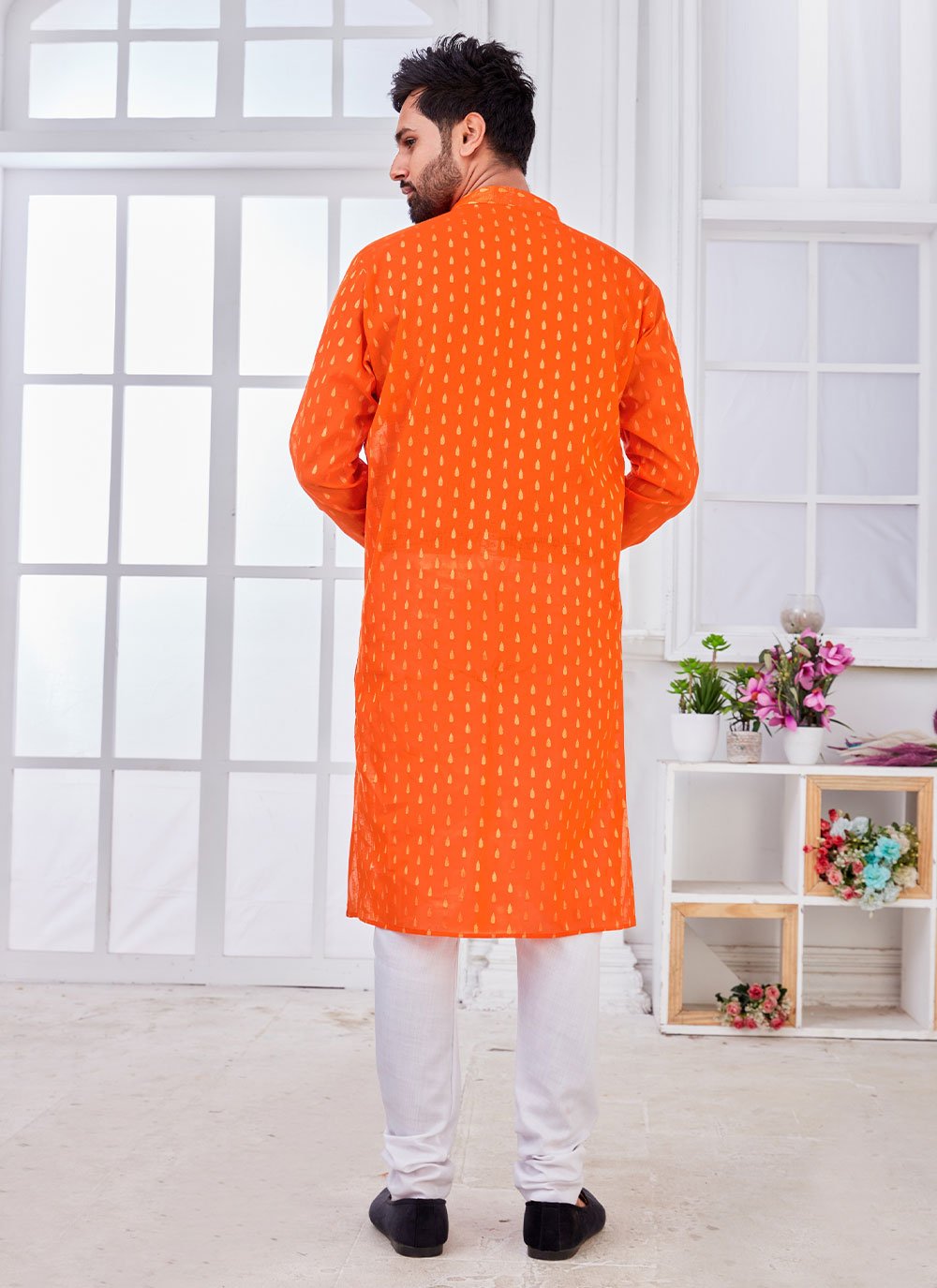 Kurta Pyjama Cotton Orange Weaving Mens