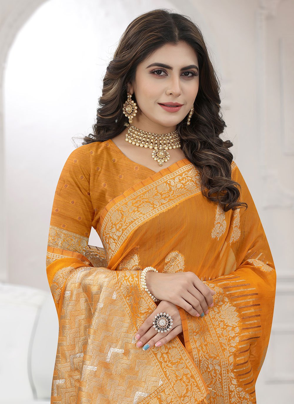 Classic Organza Viscose Orange Booti Saree
