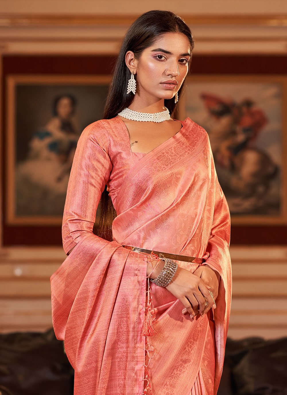 Classic Jacquard Orange Digital Print Saree