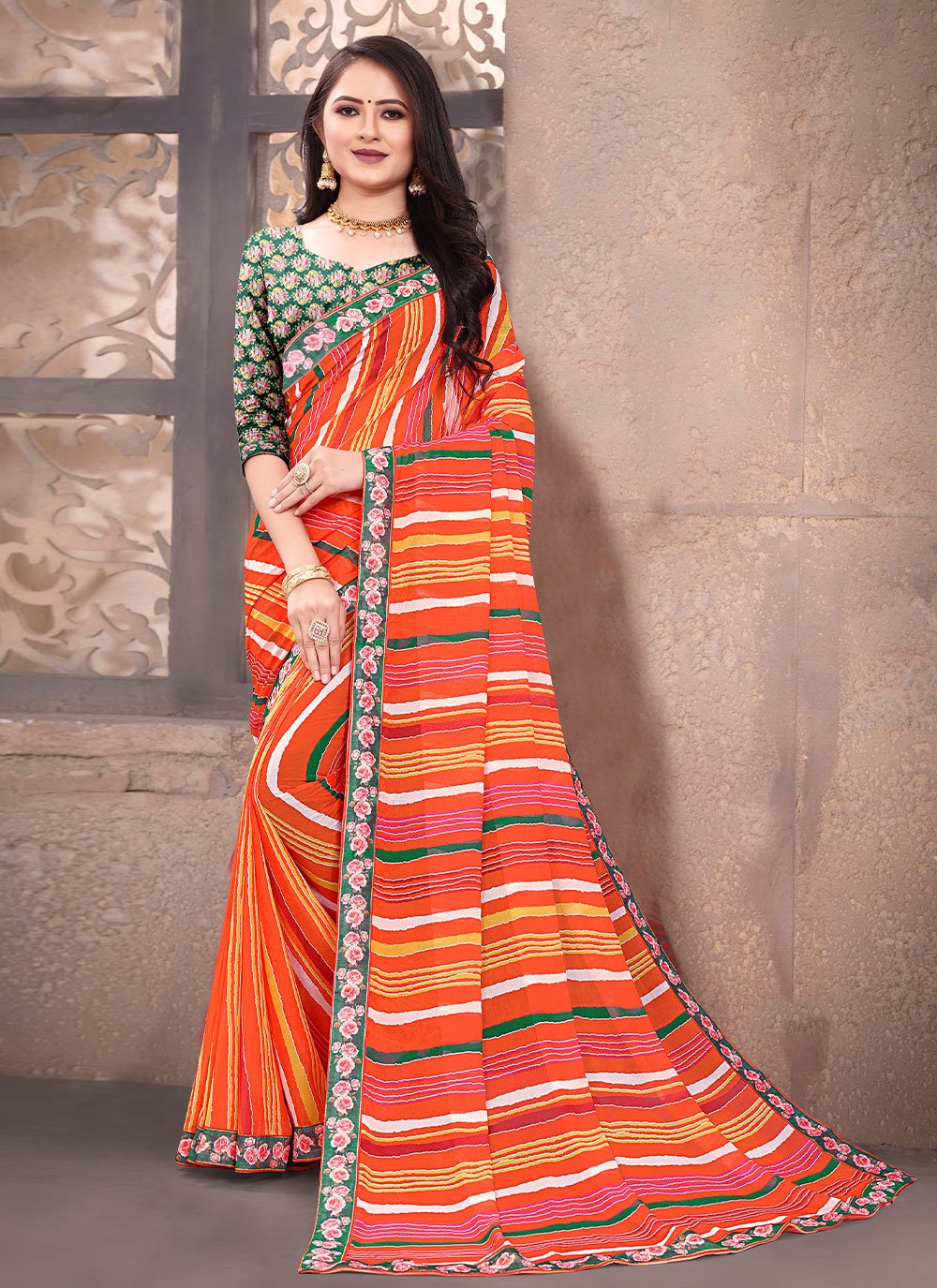 Contemporary Weight Less Orange Digital Print Saree