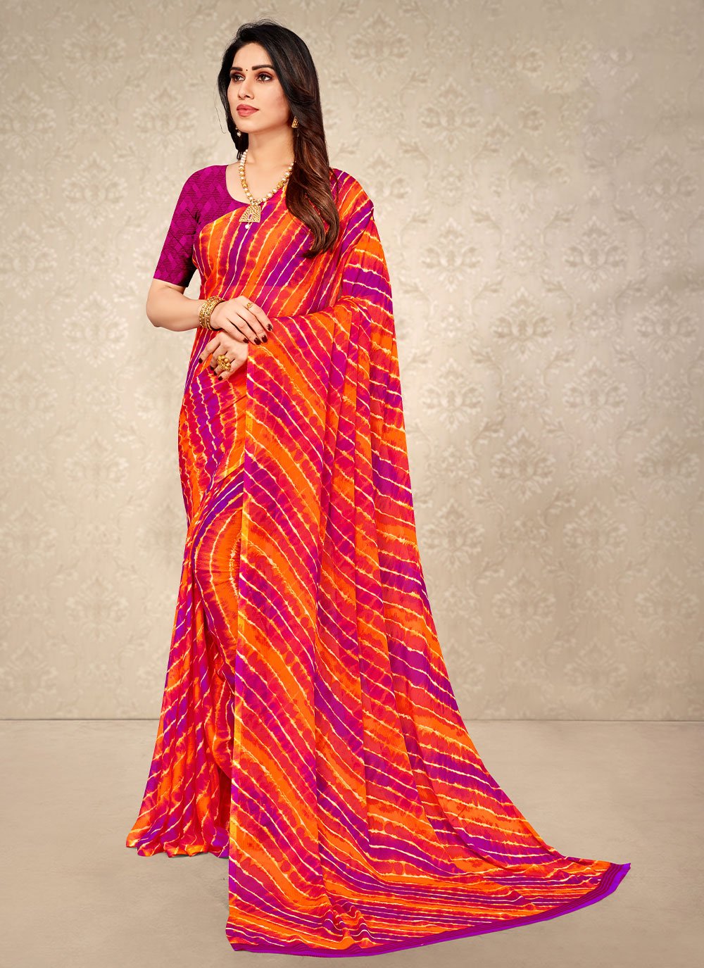 Contemporary Chiffon Orange Print Saree