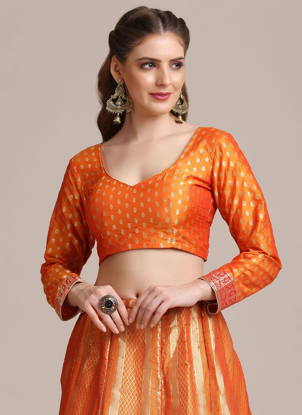 Lehenga Choli Jacquard Silk Orange Woven Lehenga Choli