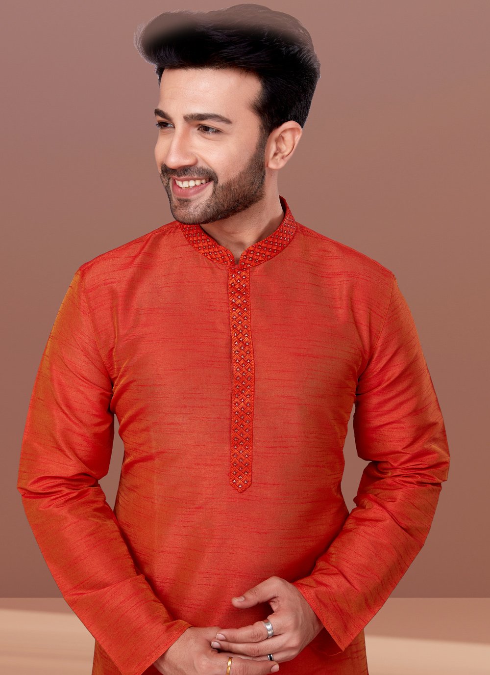Kurta Pyjama Dupion Silk Orange Embroidered Mens
