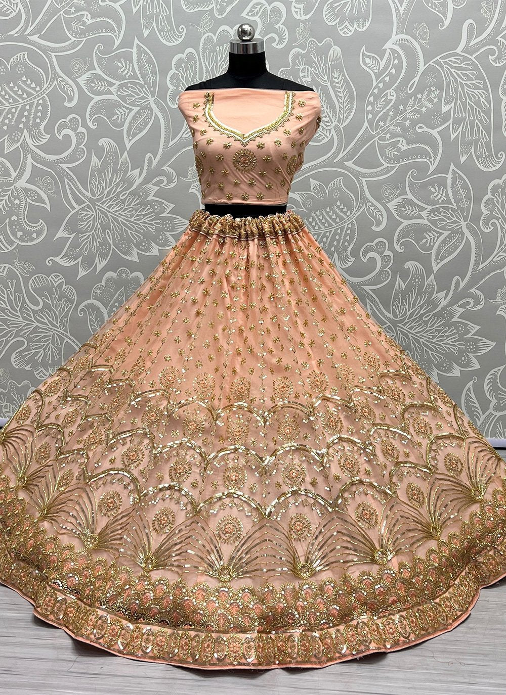 A Line Lehenga Net Orange Embroidered Lehenga Choli