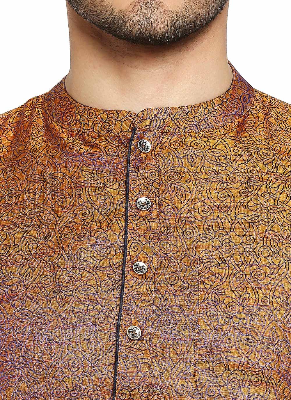Short Kurta Polly Cotton Orange Fancy Work Mens