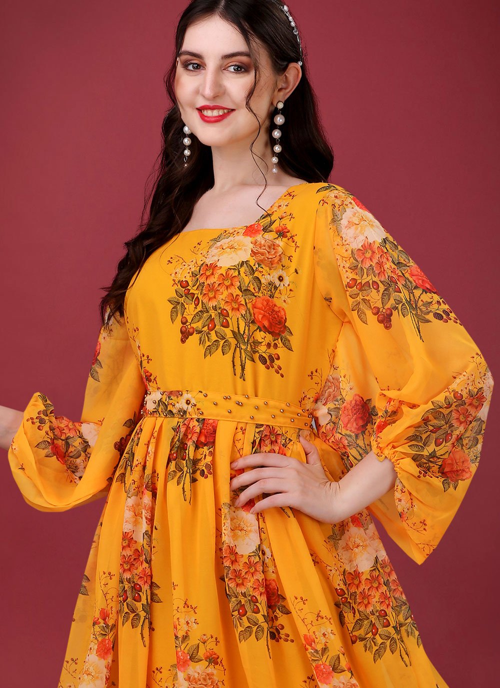 Gown Faux Georgette Orange Digital Print Gown