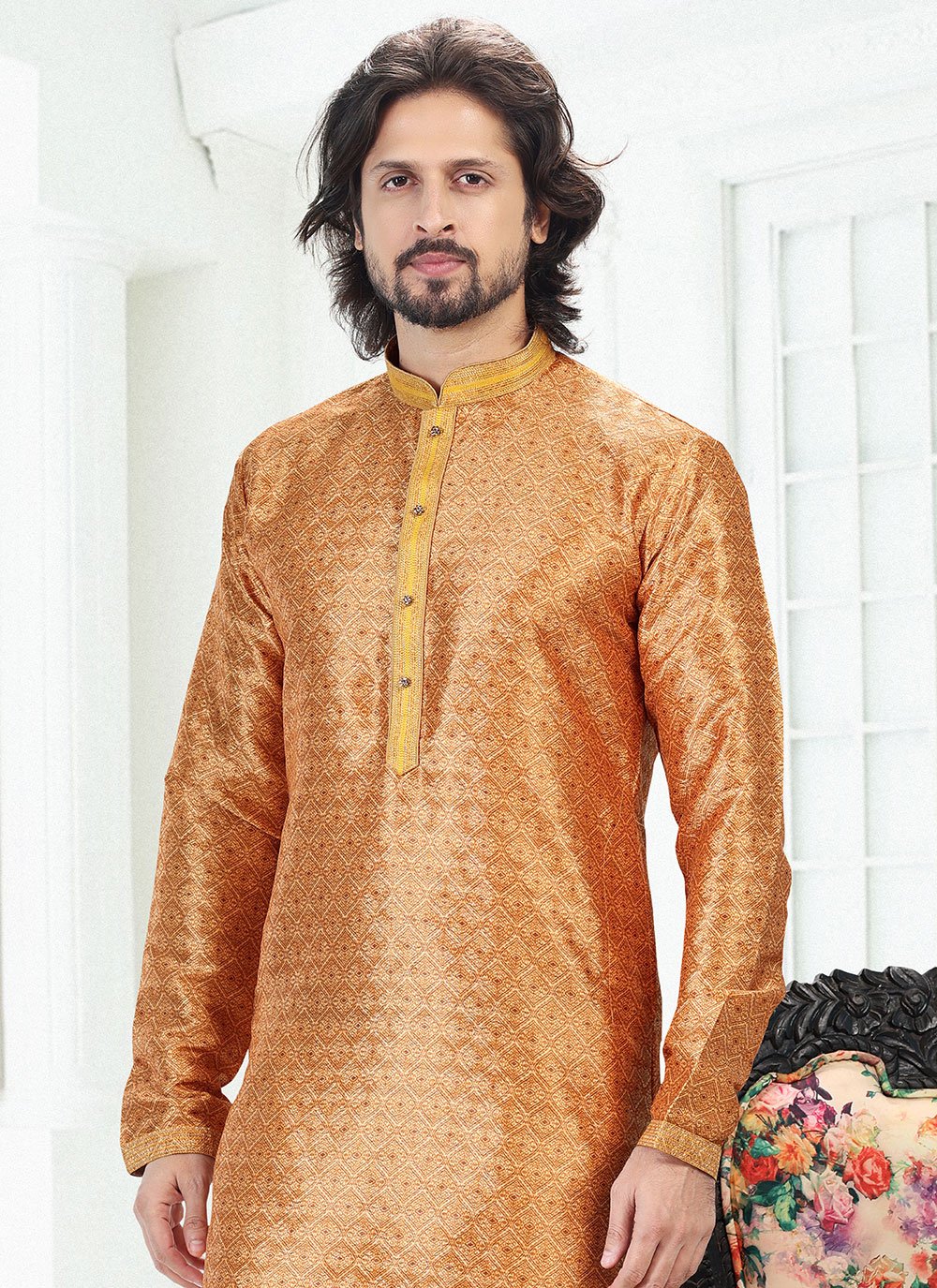 Kurta Pyjama Banarasi Silk Orange Digital Print Mens