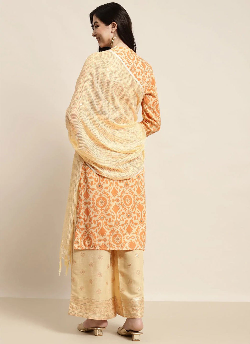 Palazzo Salwar Suit Rayon Orange Floral Patch Salwar Kameez