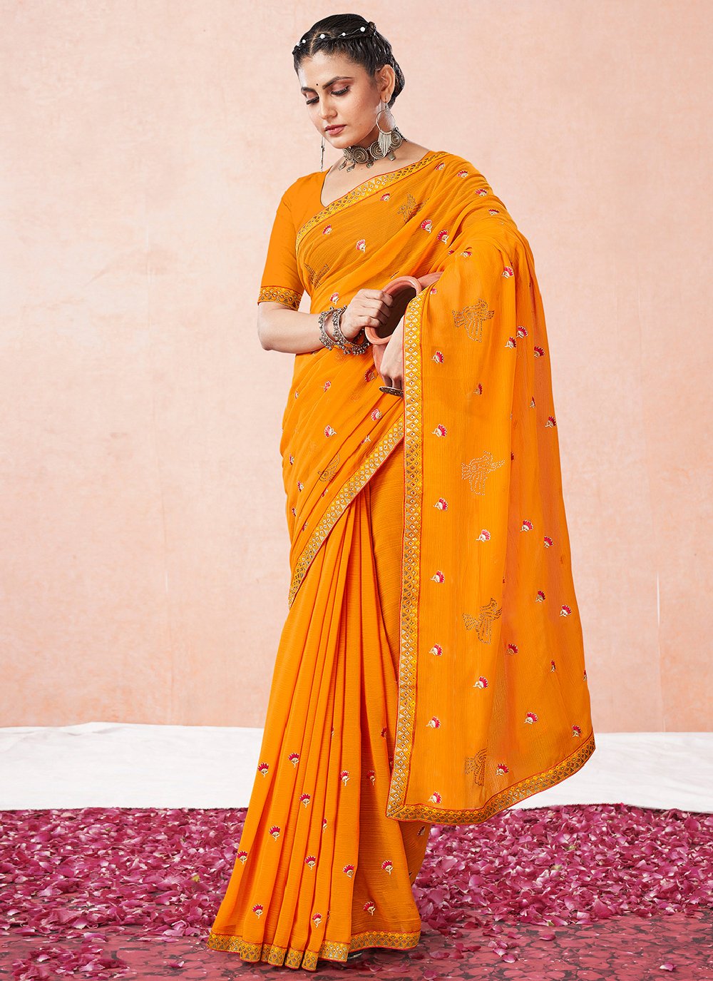 Classic Georgette Orange Embroidered Saree
