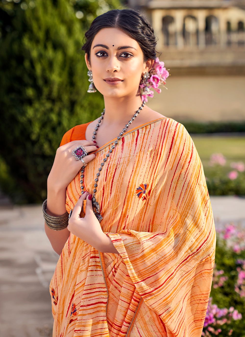 Contemporary Georgette Orange Print Saree
