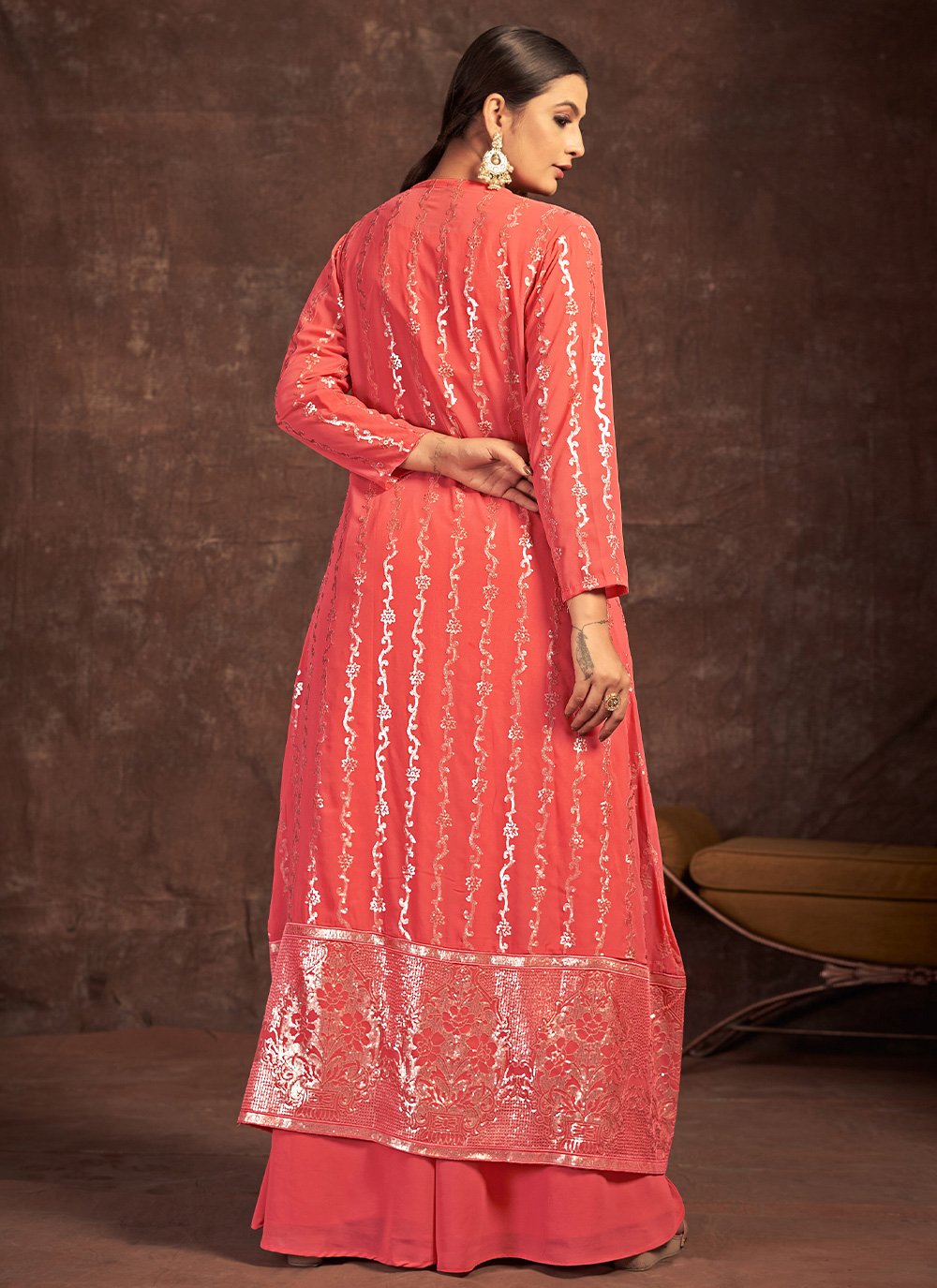 Lehenga Choli Georgette Orange Hand Work Lehenga Choli