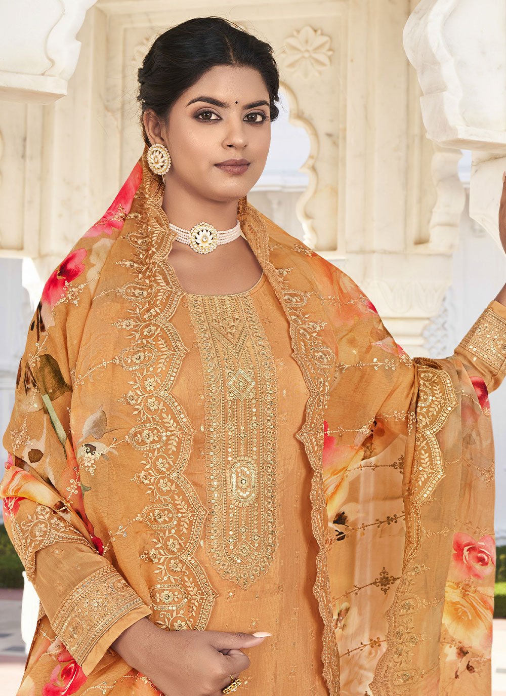 Salwar Suit Georgette Orange Embroidered Salwar Kameez
