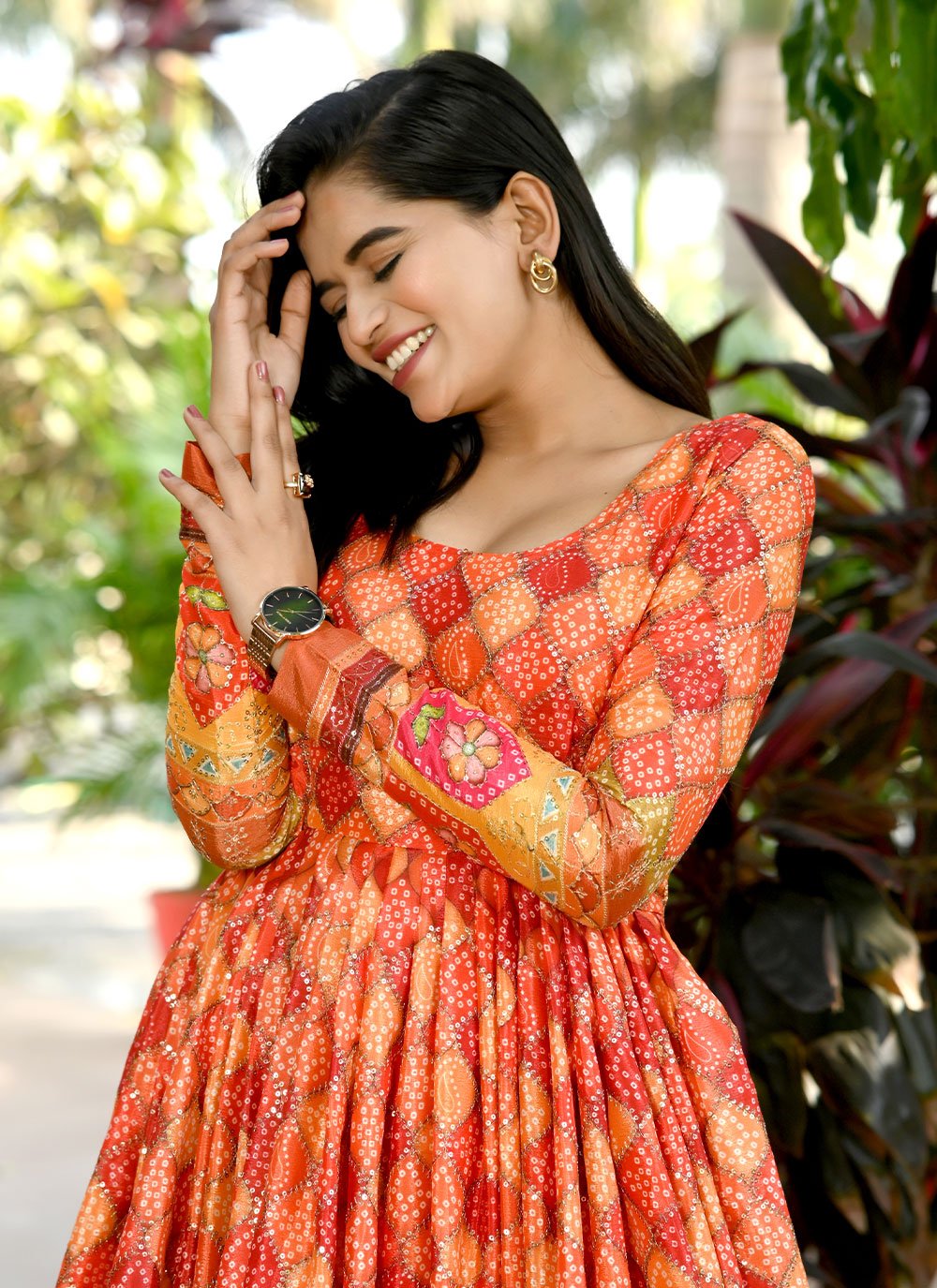 Gown Chinon Orange Print Gown