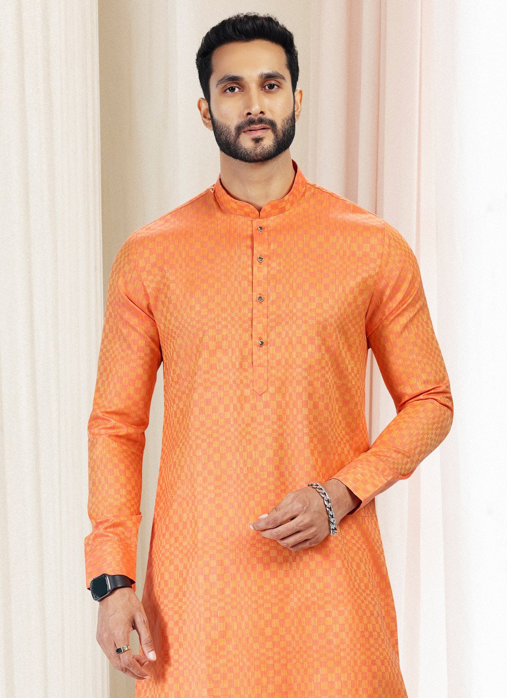 Kurta Pyjama Silk Orange Fancy Work Mens