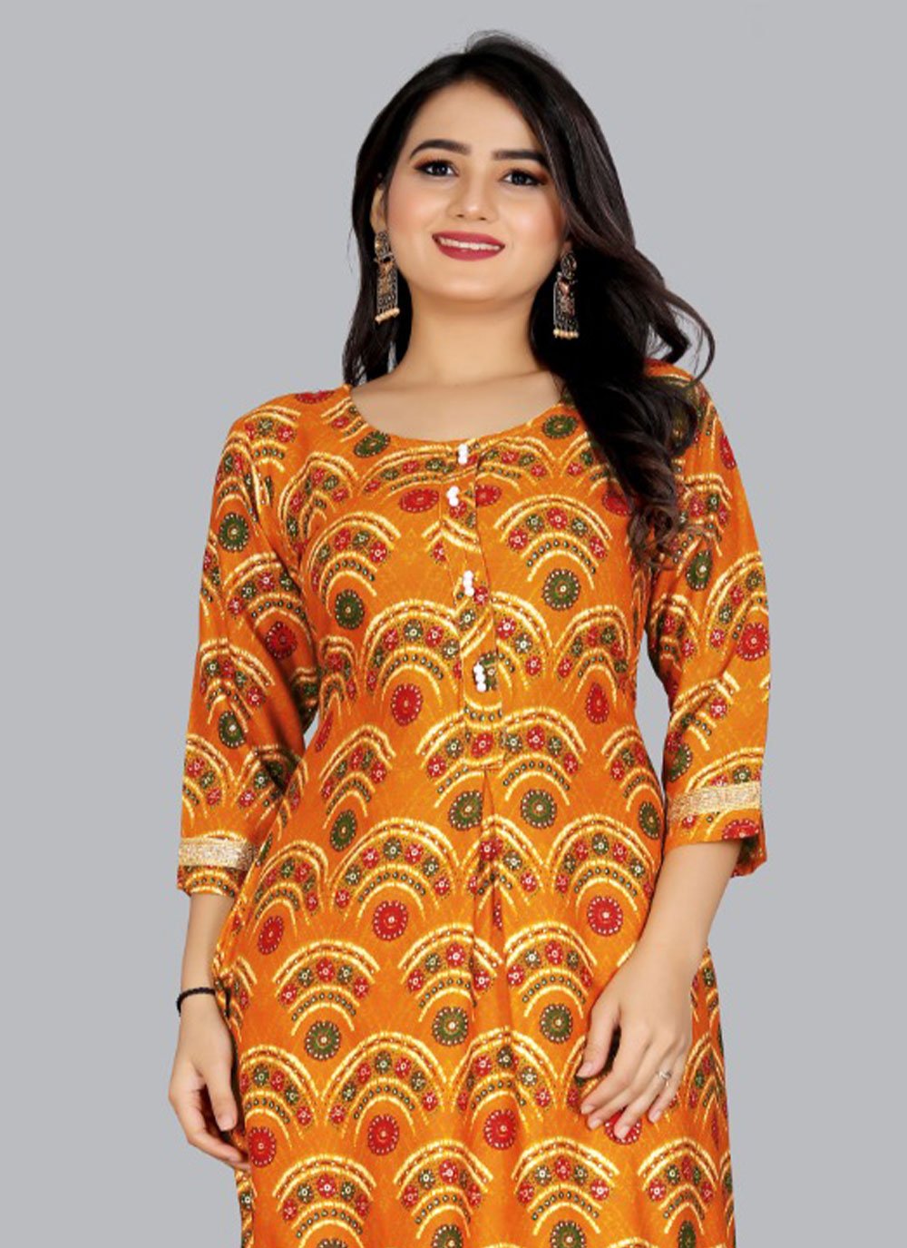 Party Wear Kurti Rayon Viscose Orange Foil Print Kurtis