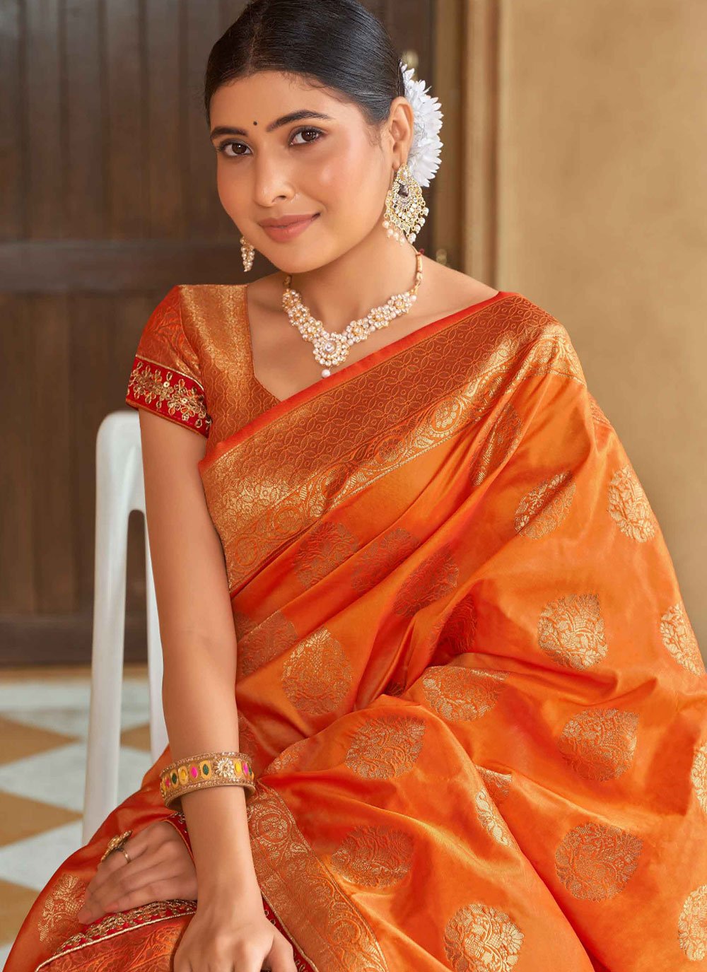 Contemporary Banarasi Silk Orange Weaving Saree