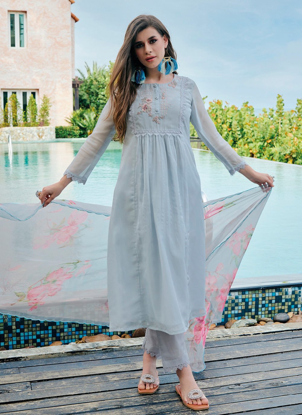 Pant Style Suit Organza Aqua Blue Buttons Salwar Kameez