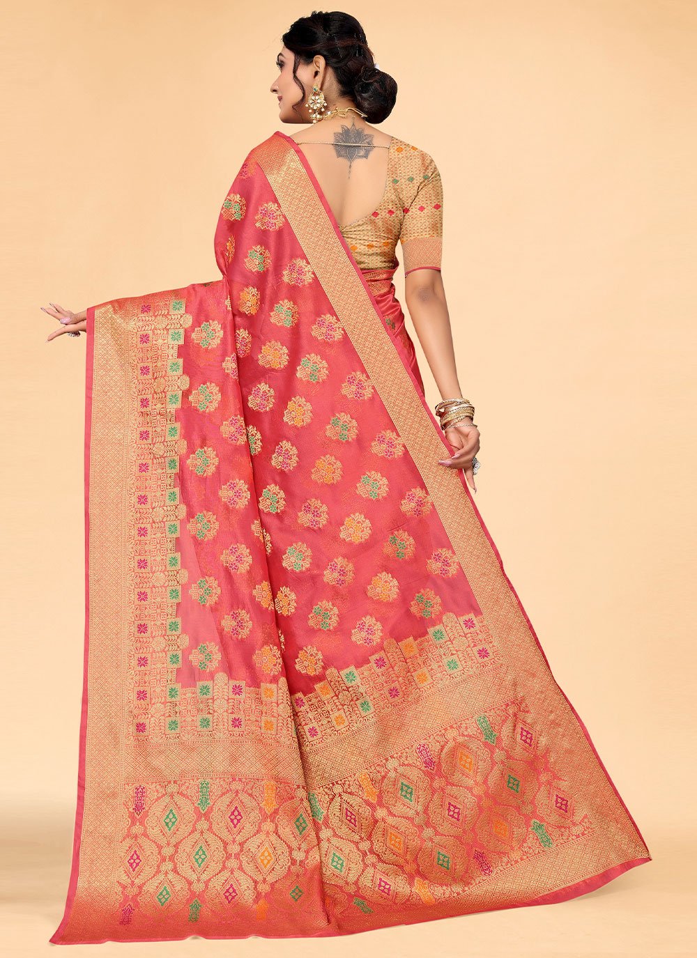 Contemporary Organza Pink Patch Border Saree