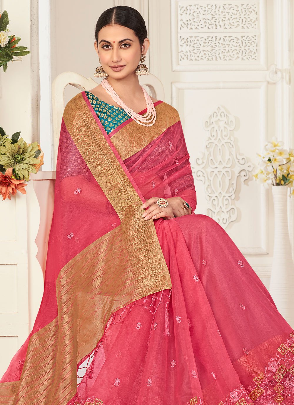 Classic Organza Pink Embroidered Saree