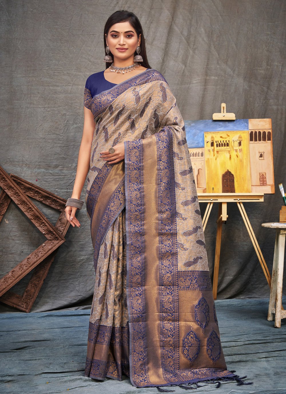 Classic Organza Beige Blue Foil Print Saree