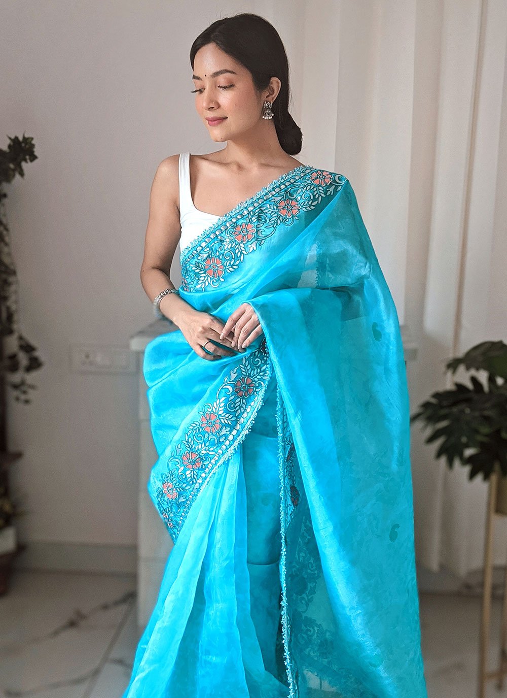 Classic Organza Aqua Blue Digital Print Saree