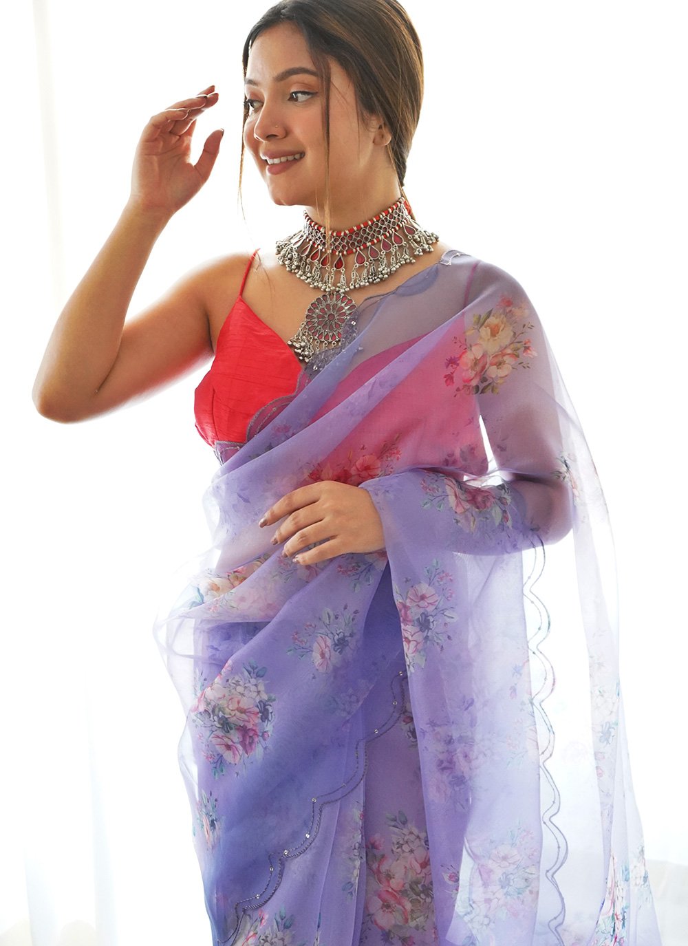 Trendy Saree Organza Lavender Digital Print Saree