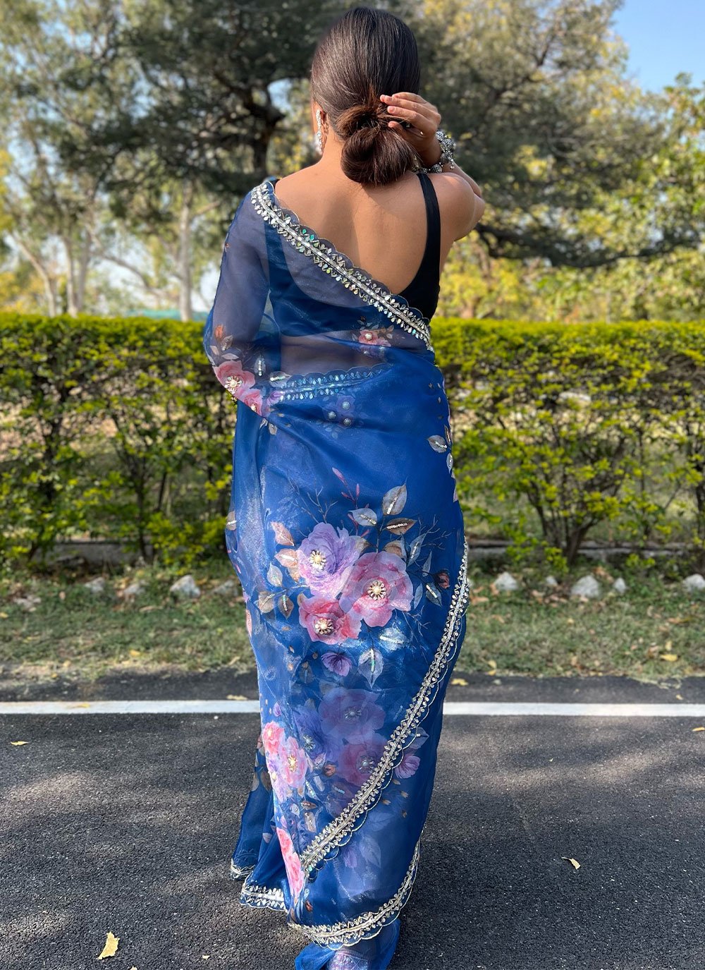 Contemporary Organza Aqua Blue Hand Work Saree