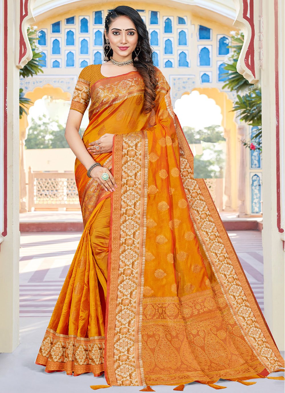 Classic Organza Orange Fancy Work Saree