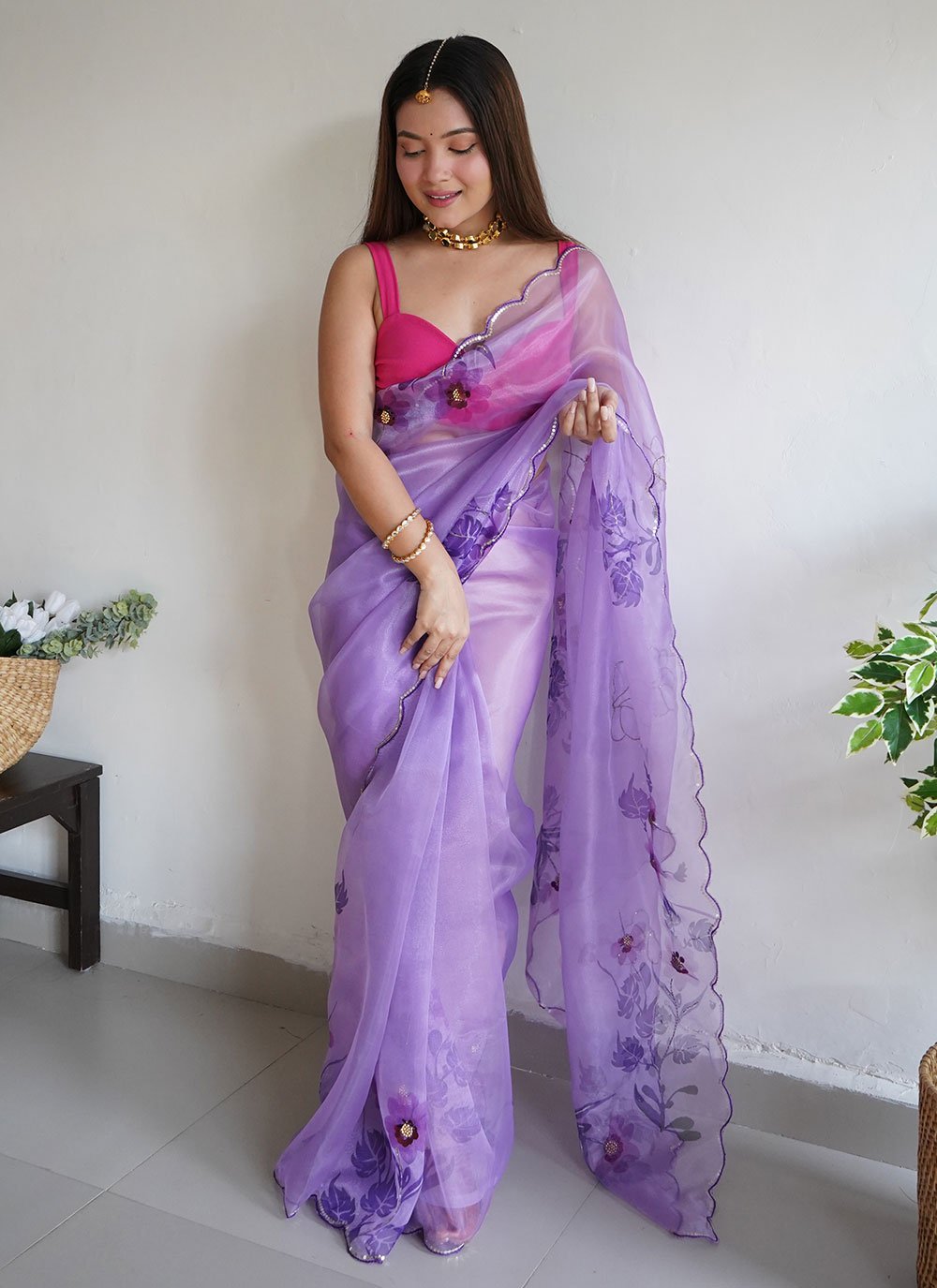 Contemporary Organza Lavender Aari Work Saree