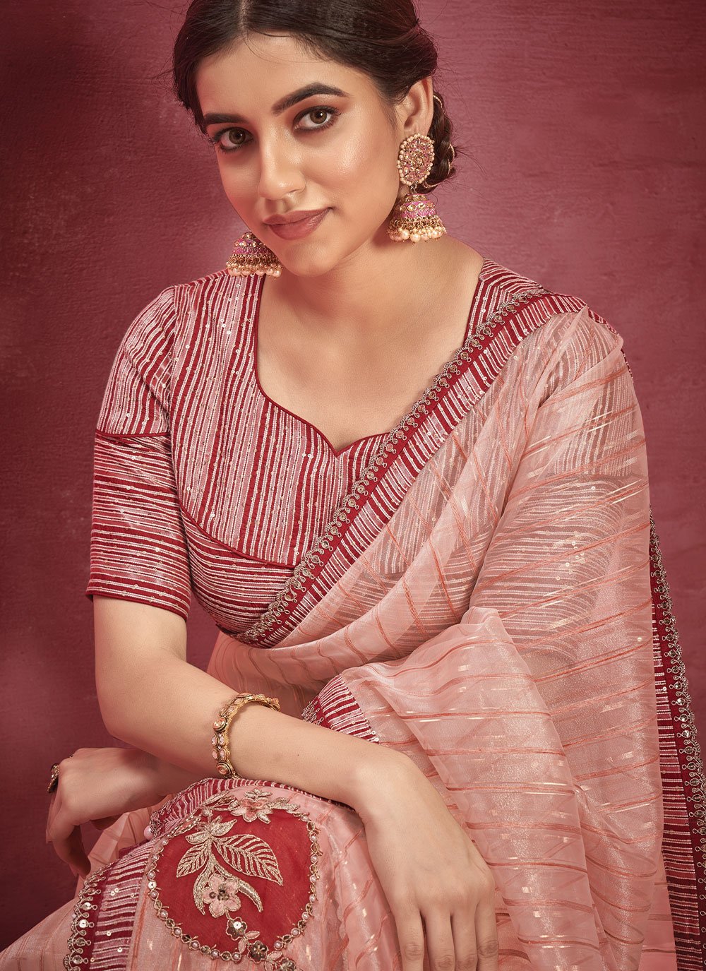 Classic Jacquard Organza Peach Embroidered Saree